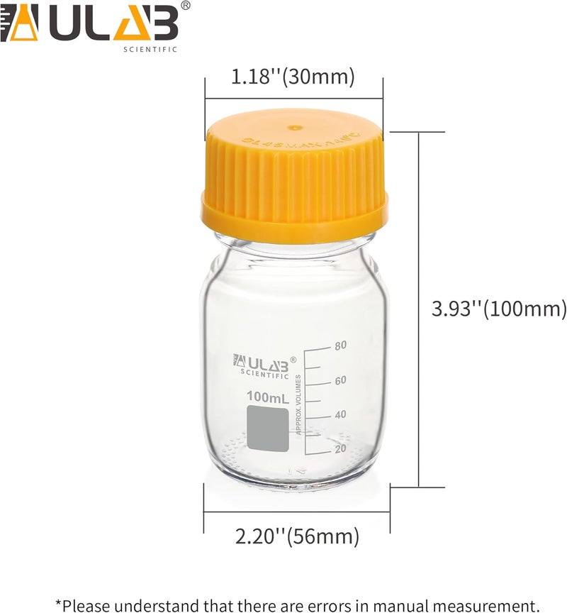 ULAB Round Media Storage Bottle, Vol.100ml(3.4oz) 3.3 Borosilicate Glass Bottles with GL45 Screw Cap, Pack of 12, URB1034 - Image 3